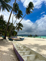 A fishing boat on the beach with palm trees in the background