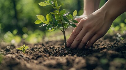 Fototapeta premium A close-up of a young tree being placed into a hole with hands gently covering the roots. The open, natural background provides ample copy space.