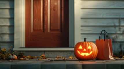 A carved pumpkin with a glowing face sits on a porch next to Halloween-themed bags, creating a festive autumn atmosphere.