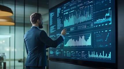 Financial Data Analyst Monitoring Market Indicators on Big Digital Dashboard