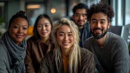 Obraz premium Collaborative Diversity Showcased in Office Setting: Five Individuals United by Smiles, Embracing Cultural Differences. Highlighting Cultural Diversity and Team collaboration concept. 