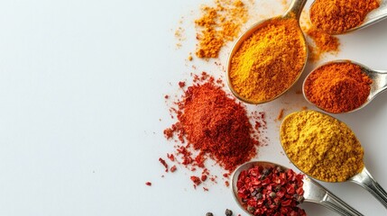 A close-up of spice spoons with colorful powders like chili, paprika, and curry on a white surface. The ample clear space around the spices is great for text.