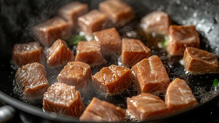 A close-up of tuna chunks being cooked in a frying pan, with a clear kitchen backdrop. The unobstructed space around the pan allows for easy text addition.