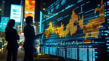 Digital market data and financial graph analysis on screen display