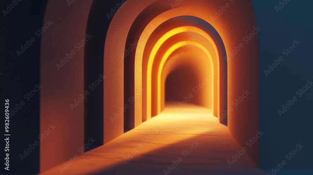 Poster a captivating pathway illuminated by warm light, featuring elegant arches and a soft gradient that c