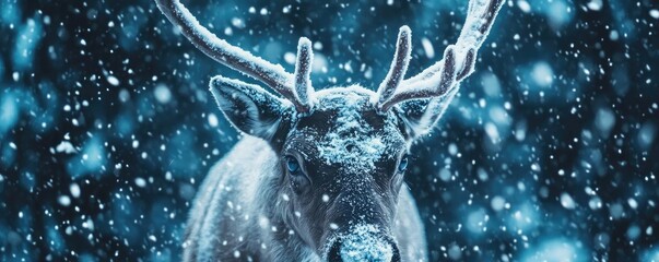 A majestic deer stands in a snow-covered landscape, its fur glistening with frost amidst a serene winter wonderland.