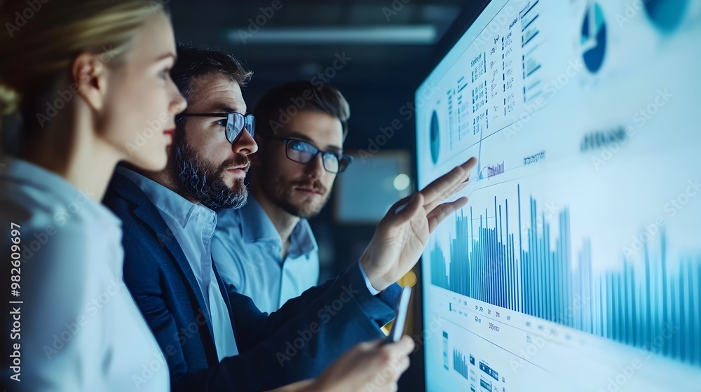 Aufkleber team of business professionals analyzing data visualization on digital display screen