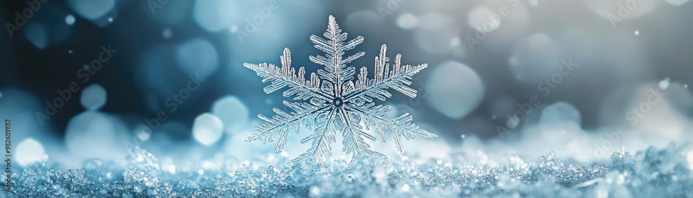 Poster a delicate snowflake rests on a frosty surface, surrounded by shimmering ice and sparkling bokeh eff