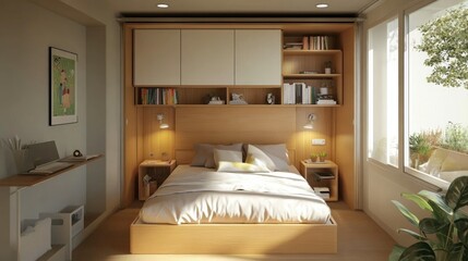 A compact bedroom in a small apartment, featuring a Murphy bed, built-in storage, and space-saving furniture that maximizes every square foot.