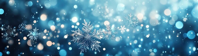 A mesmerizing winter scene with shimmering snowflakes and sparkling bokeh on a cool blue background, perfect for festive designs.