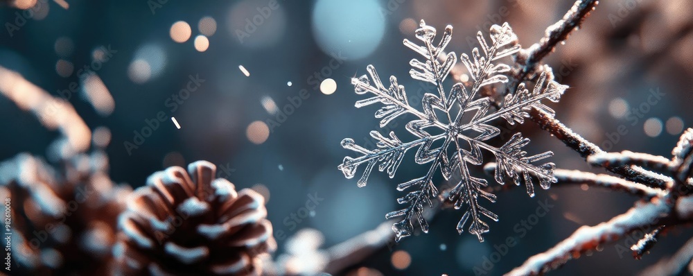 Poster a close-up of a snowflake resting on a pine branch, surrounded by sparkling snowflakes and shimmerin