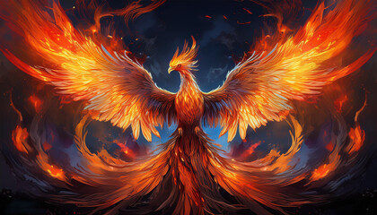 Phoenix bird with long fire tail with big wings preparing to fly
