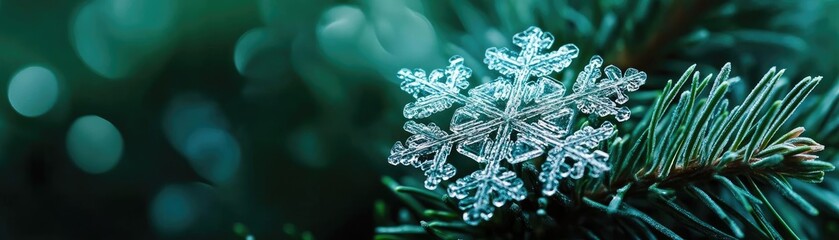 Delicate snowflake resting on evergreen branches, adorned with shimmering bokeh, capturing the essence of winter's beauty.