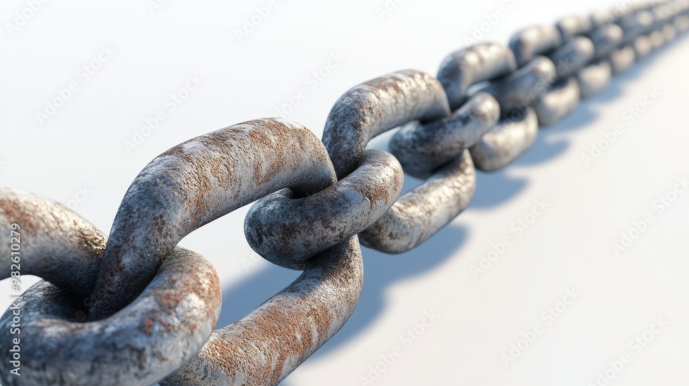 Poster a close-up view of a metallic chain, showcasing its rusted texture and strong links, perfect for con