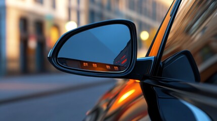 A close-up view of a car's side mirror reflecting city lights, showcasing a blend of modern design and urban environment.