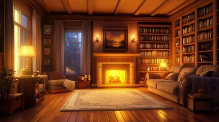 Fototapeta premium A cozy living room with a fireplace, comfortable couches, and warm lighting. Bookshelves line the walls, and a plush rug adds softness to the hardwood floor, creating an inviting space.