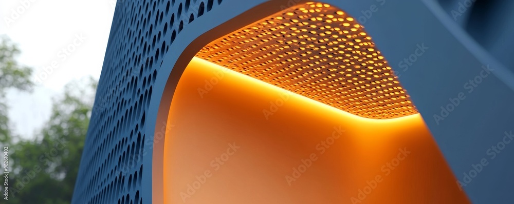 Poster a close-up view of a modern design featuring a blue structure illuminated by warm orange light, high