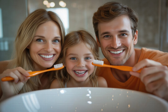 Family Brushing Teeth Together In A Bathroom