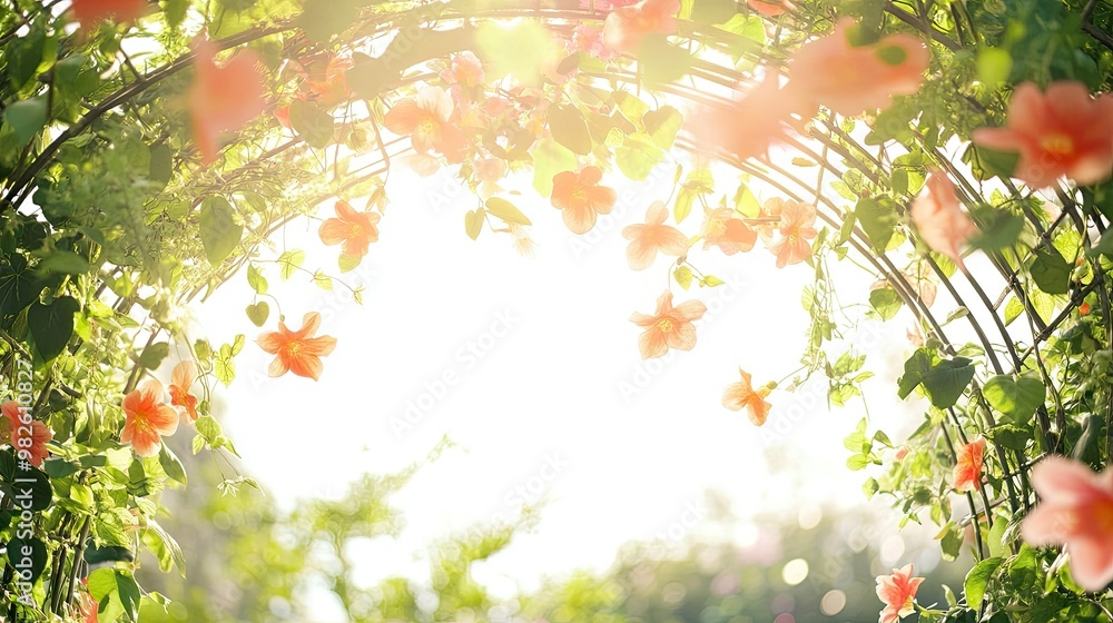 Poster a decorative fish trellis with trailing vines and flowers, set against a bright, clear sky. the ampl