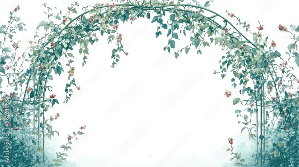 Poster a decorative fish trellis with trailing vines and flowers, set against a bright, clear sky. the ampl