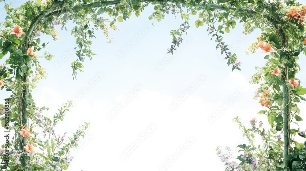 Poster a decorative fish trellis with trailing vines and flowers, set against a bright, clear sky. the ampl