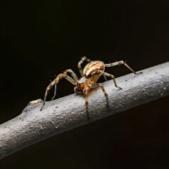 Fototapeta premium Black background with a spider on a tree branch. 3D illustration.