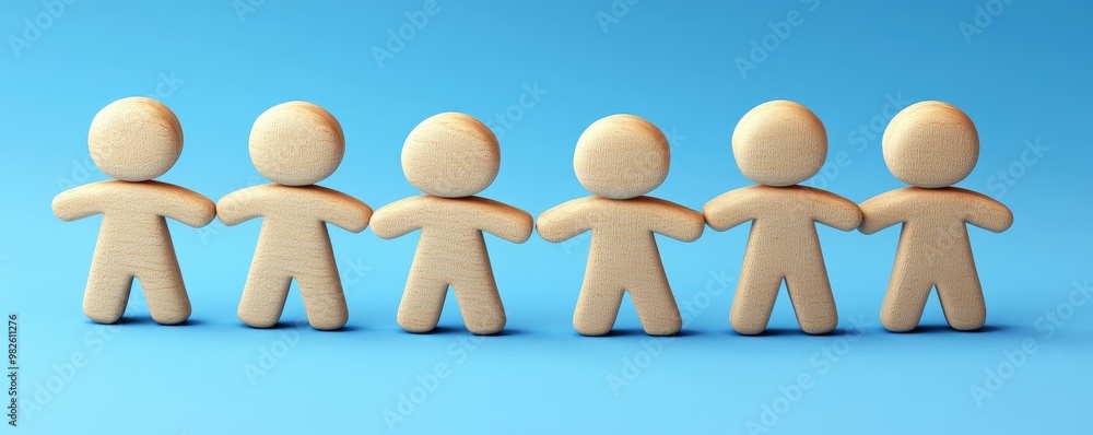 Poster a collection of wooden figures standing side by side, symbolizing unity and teamwork against a sooth