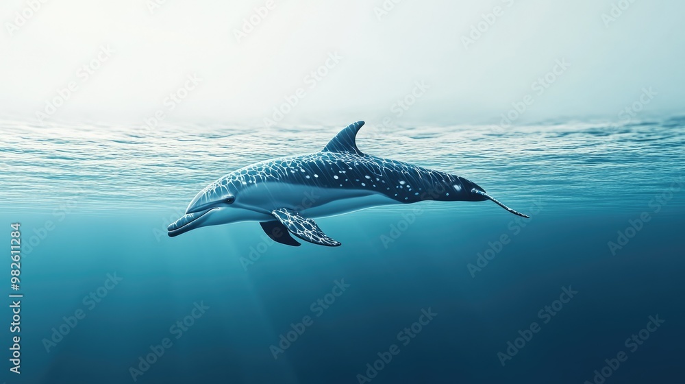 Poster a dolphin diving into the water with a clean, unobstructed ocean surface. the empty space around the