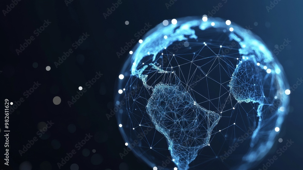 Poster a digital representation of the earth with interconnected lines and nodes, symbolizing global connec
