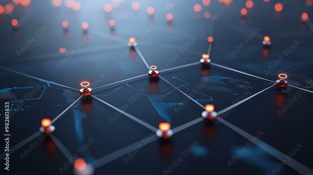 Poster a digital network showcasing interconnected nodes with glowing highlights, symbolizing technology an