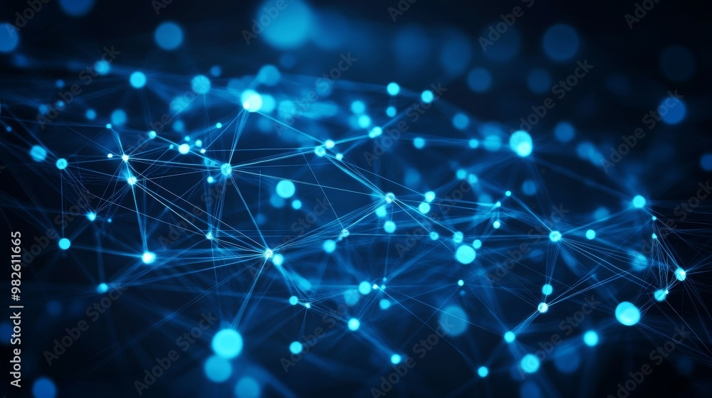 Poster a digital network with glowing blue nodes interconnected by lines, representing technology and moder