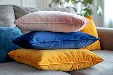 A stack of colorful pillows, from deep blue to soft yellow, placed perfectly on a sofa. 