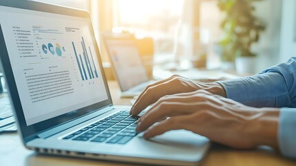Businessperson Analyzing Laptop Computer Data and Charts in Modern Office Setting