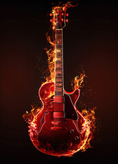 Flaming red guitar isolated on black background