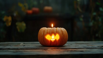 A glowing jack-o'-lantern sits on a wooden table, casting a soft light, symbolizing the spirit of Halloween.