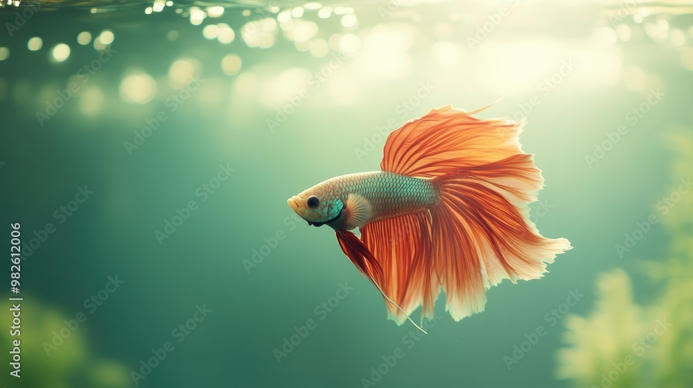 Poster a dramatic shot of a betta fish in a tank with a clean, blurred background. the open space around th