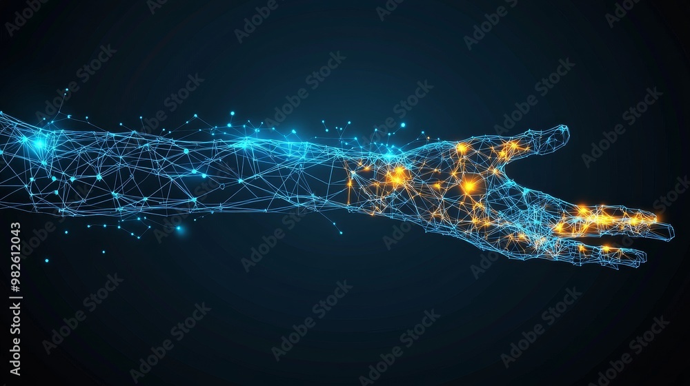 Poster a futuristic digital hand reaching out, symbolizing technology and connection through intricate netw