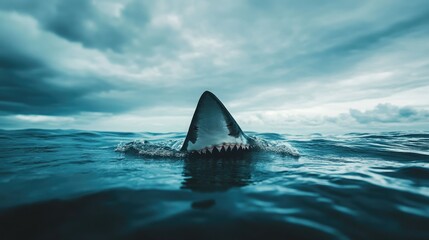 Naklejka premium A dramatic shot of a shark's fin slicing through the water with a vast, empty background. The clear space allows for prominent text placement. -