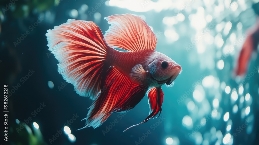 Poster a dynamic shot of a fighting fish displaying its vibrant colors. the open space in the aquarium and 
