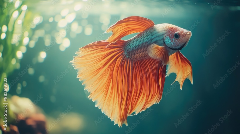 Poster a dynamic shot of a fighting fish displaying its vibrant colors. the open space in the aquarium and 