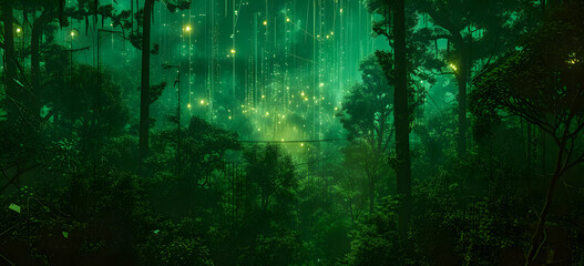 Obraz premium Future city in the forest. Nature, trees, grass and plants with building ecofriendly. Elf city, fantasy background, city wallpaper.