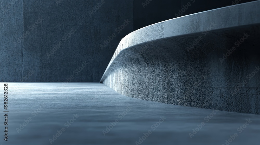 Poster a minimalist architectural view showcasing smooth lines and cool tones, creating a serene and modern
