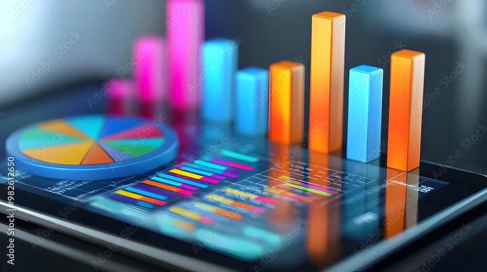 Poster colorful digital data analytics dashboard with infographic charts and graphs