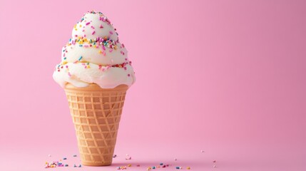 A single ice cream cone with sprinkles on a pastel pink background.