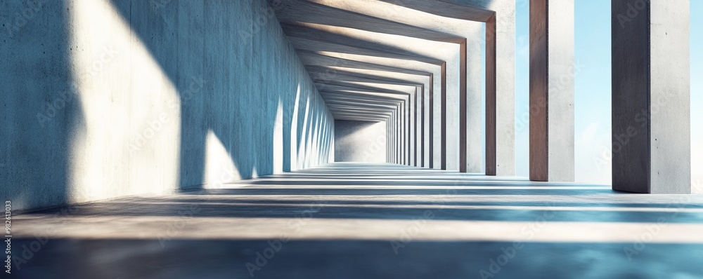 Poster a modern architectural corridor with natural light highlighting the concrete structure, creating a s
