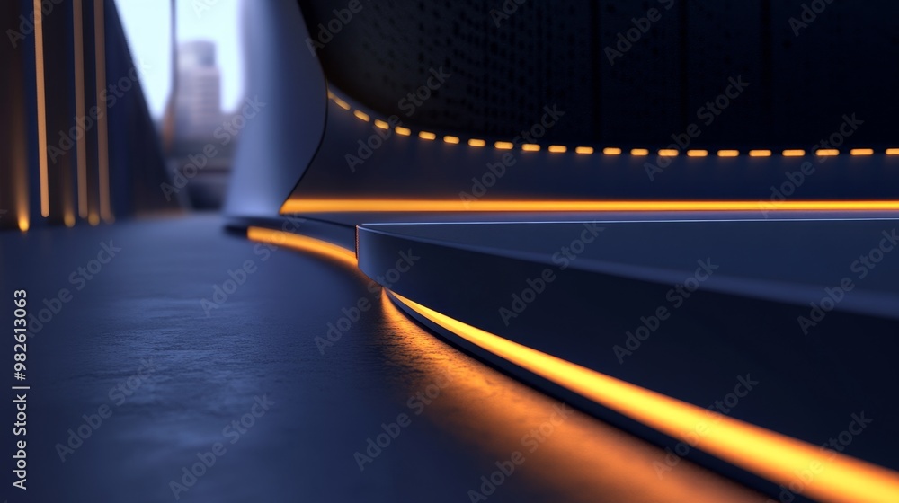 Poster a modern architectural detail showcasing a sleek surface with glowing orange lines, creating an invi