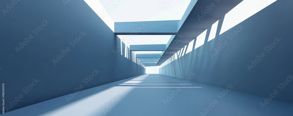 Poster a modern architectural corridor with vibrant light streaming through, creating a serene and spacious