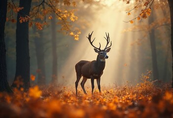 Majestic stag in a misty autumn forest under golden sunlight.
