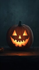 A glowing Halloween pumpkin with a carved mischievous face, set against a dark background, embodying the spirit of the spooky season.