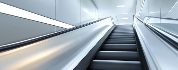 A modern escalator leading upwards in a sleek, bright environment. Perfect for showcasing urban architecture and transportation.
